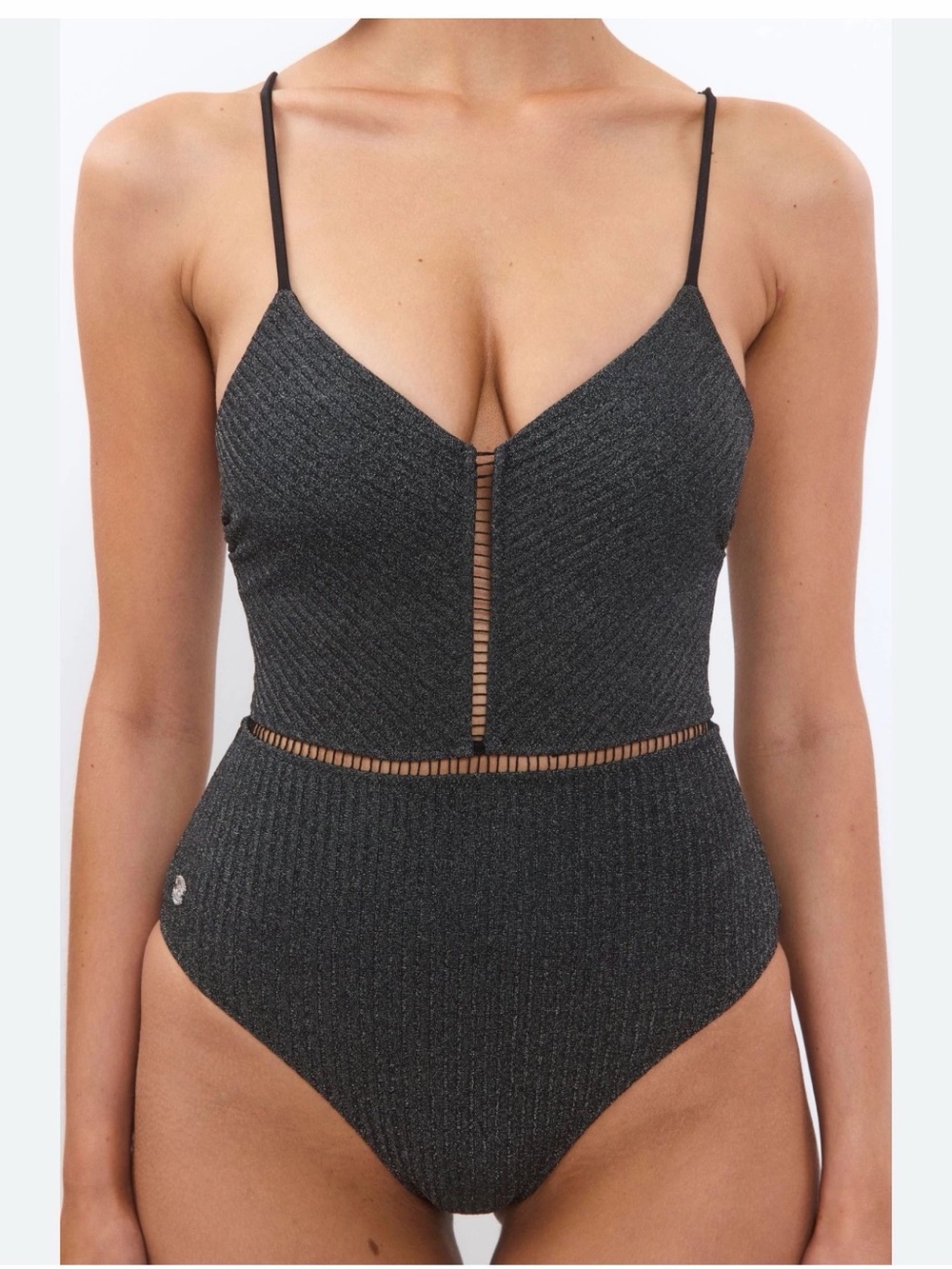 Deep V Textured One-Piece Swimsuit in Charcoal